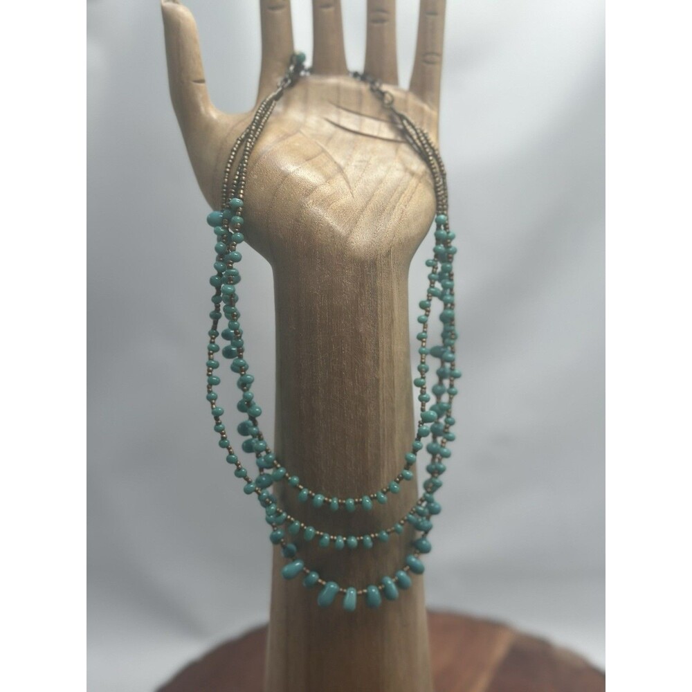 Genuine Turquoise Stones W Brass Station Beads 16” + 2” Triple Strand Necklace